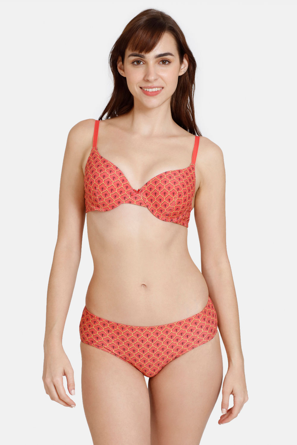 Buy Zivame Zellij Dreams Push Up Wired Medium Coverage Bra With Hipster Panty - Spiced Coral