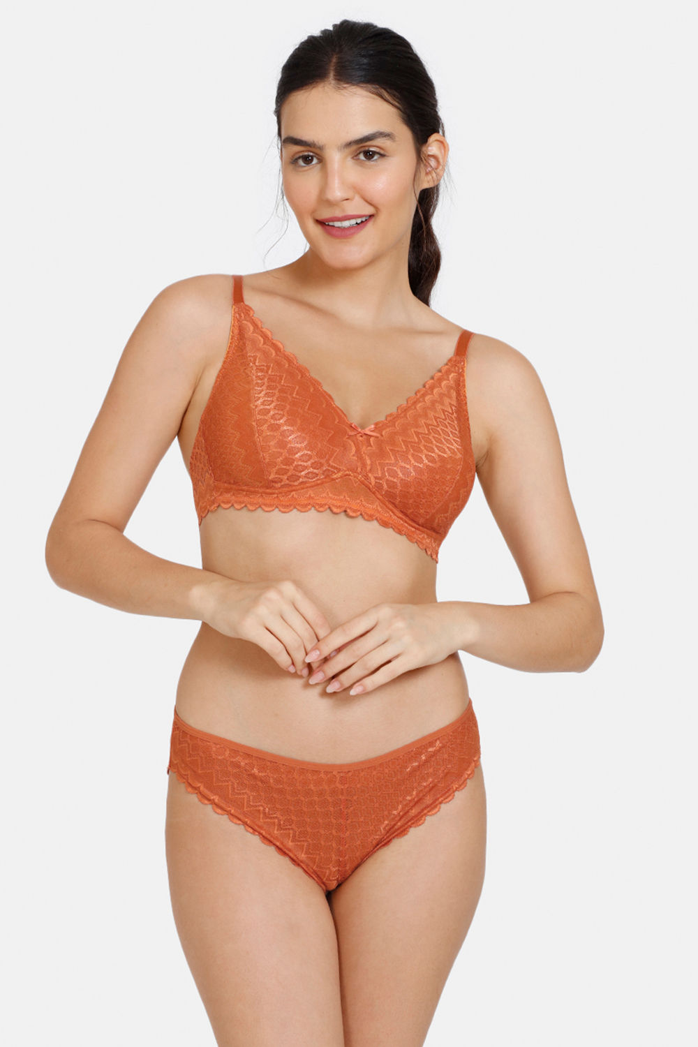 Buy Zivame New Romance Double Layered Non Wired 3/4Th Coverage Lace Bra With Bikini Panty - Amber Glow