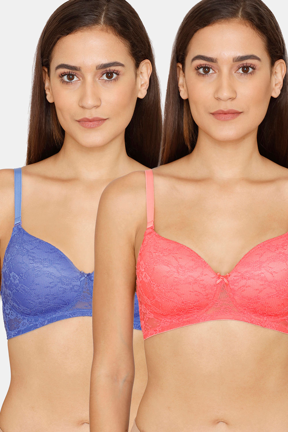 Buy Rosaline Padded Non Wired 3/4th Coverage Lace Bra (Pack of 2) - Amparo Peach