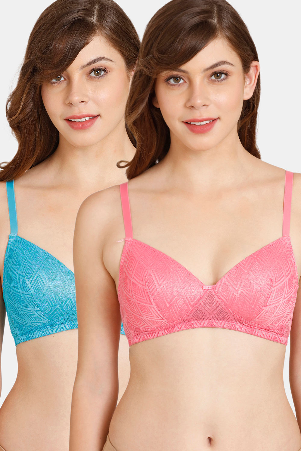 Buy Rosaline Padded Non-Wired 3/4th Coverage Lace Bra (Pack of 2) - Flower Blue