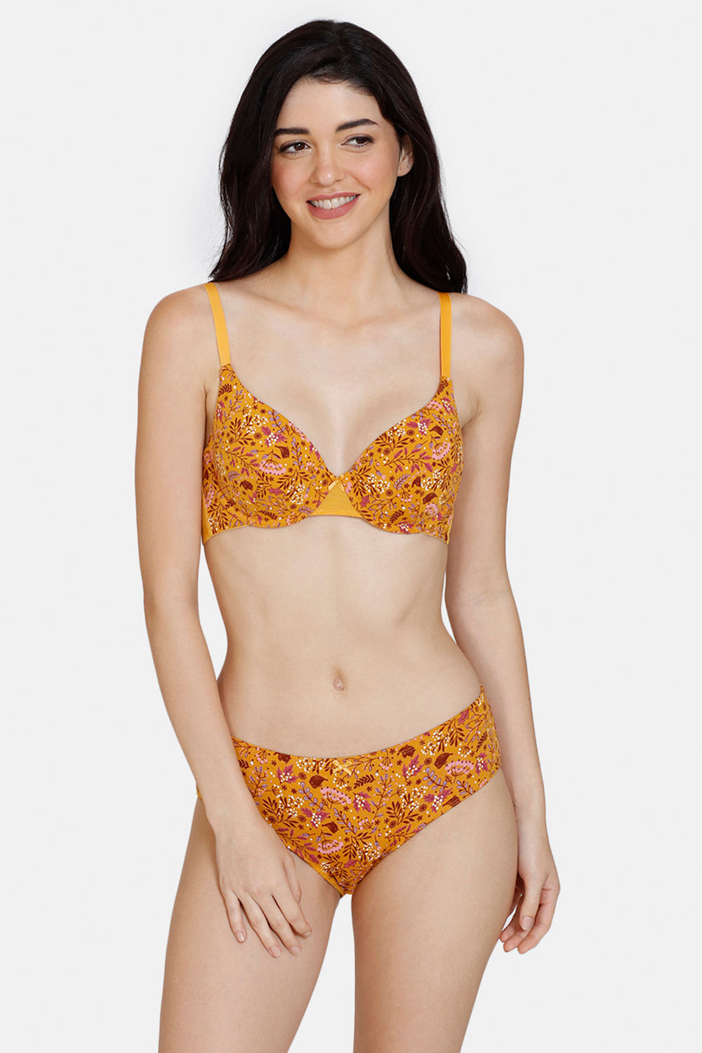 Zivame Robin's Song Padded Wired 3/4th Coverage T-Shirt Bra With Hipster  Panty - Golden Orange