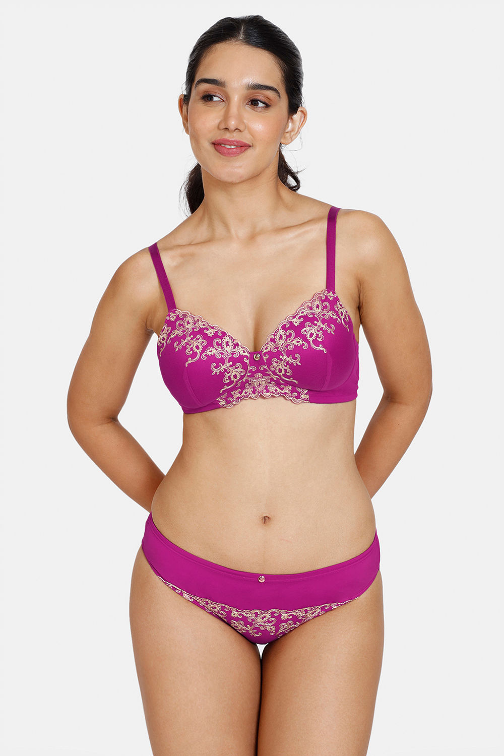 Zivame Desert Rose Padded Non Wired 3/4Th Coverage Lace Bra With Hipster  Panty - Festival Fuchsia