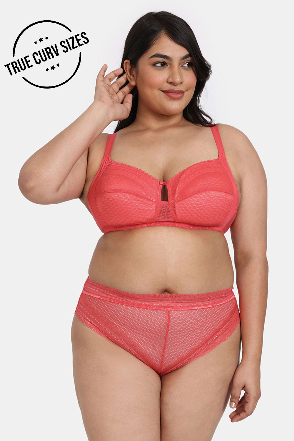 Buy Zivame True Curv Heartstopper Double Layered Non Wired Full Coverage Super Support Bra With Hipster Panty - Hibiscus