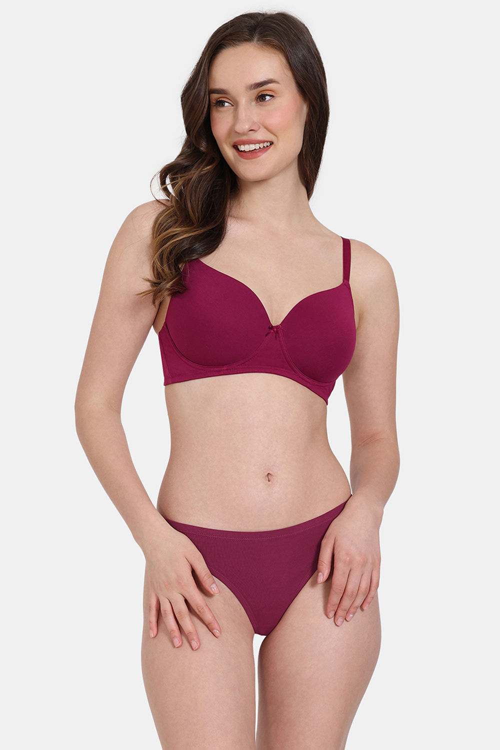 Buy Zivame Padded Non Wired 3/4th Coverage T-Shirt Bra With Thong - R Red Beet Red