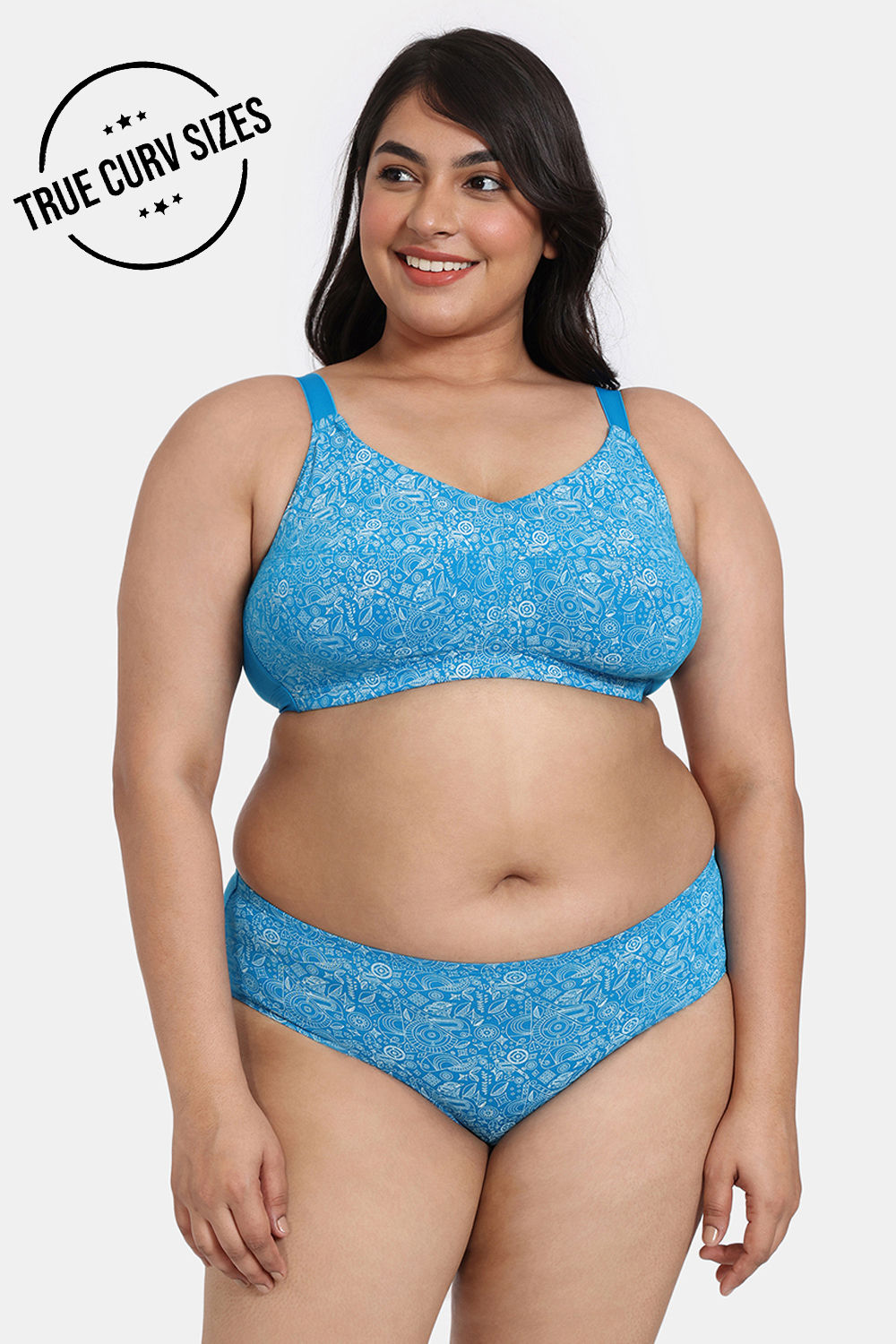 zivame true curv sun s bird double layered non wired full coverage minimiser bra with hipster panty methyl blue