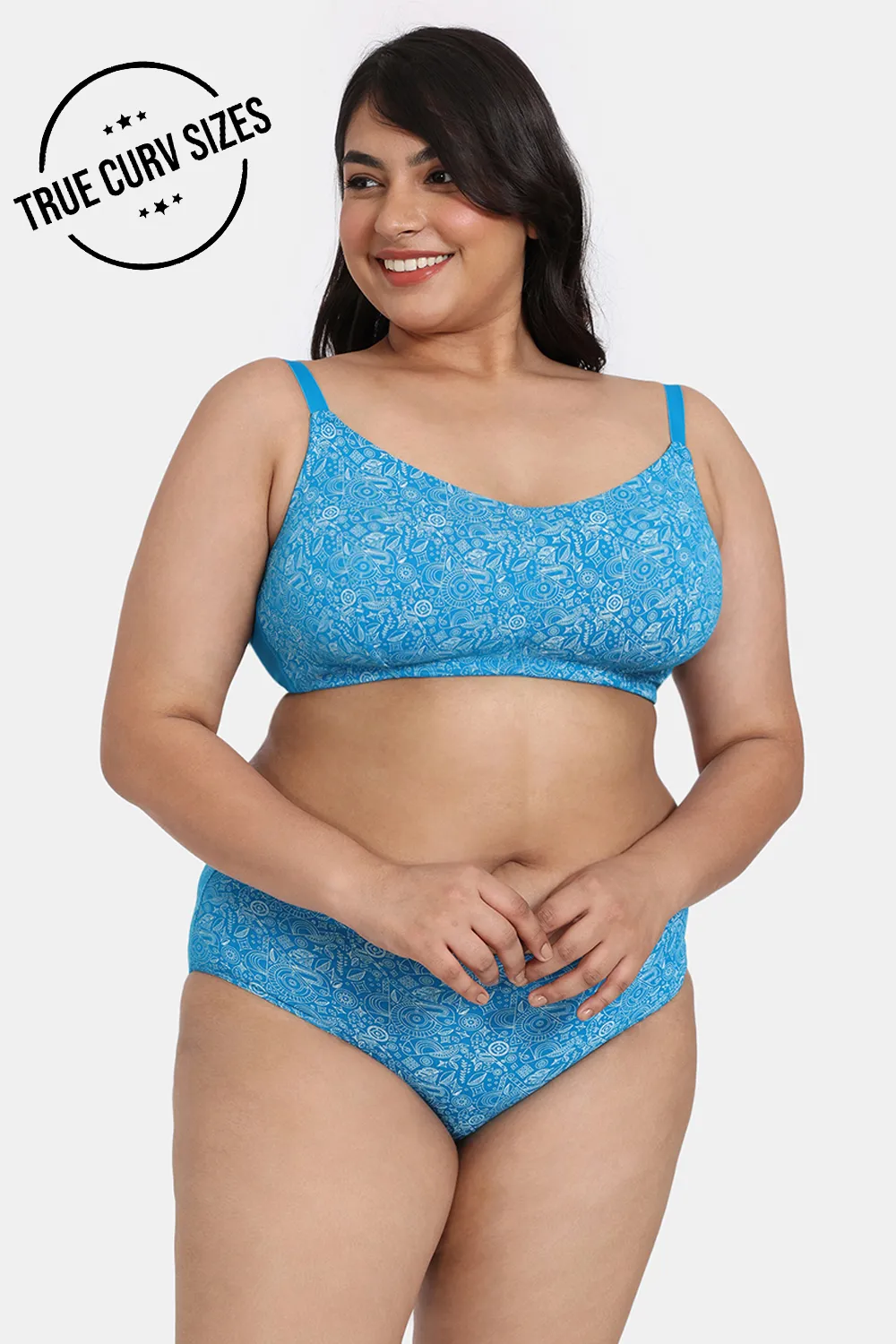 Buy Zivame True Curv Sun's Bird Double Layered Non Wired Full Coverage Super Support Bra With Hipster Panty - Methyl Blue