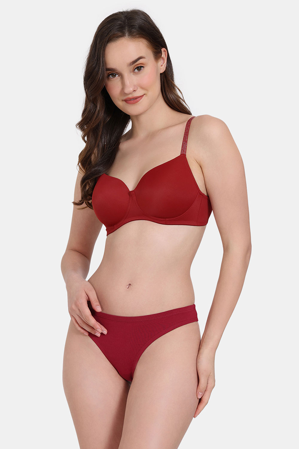 Buy Zivame Glitter Straps Padded Non Wired 3/4th Coverage T-Shirt Bra With Thong - Maroon R Red