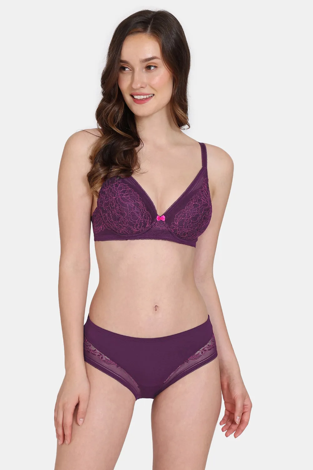 Buy Zivame Primrose Padded Wired 3/4th Coverage Lace Bra With Hipster Panty - Dark Purple