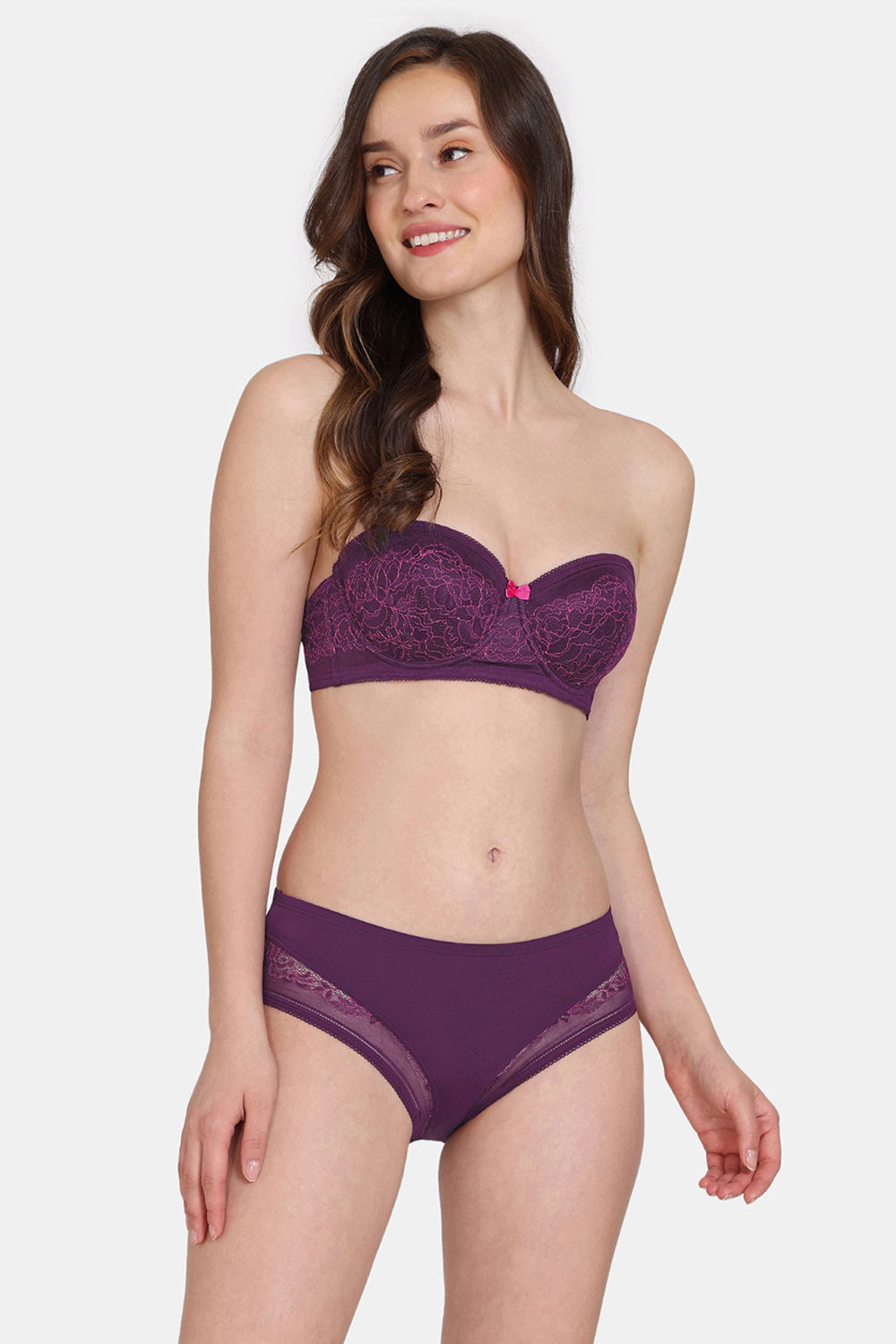 Buy Zivame Primrose Padded Wired 3/4th Coverage Strapless Bra With Hipster Panty - Dark Purple