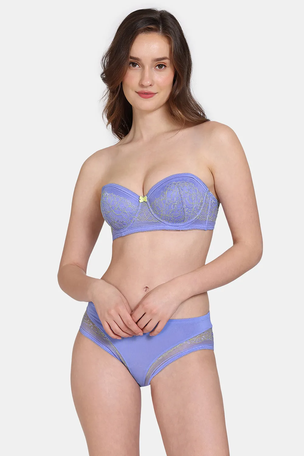 Buy Zivame Primrose Padded Wired 3/4th Coverage Strapless Bra With Hipster Panty - Jacaranda