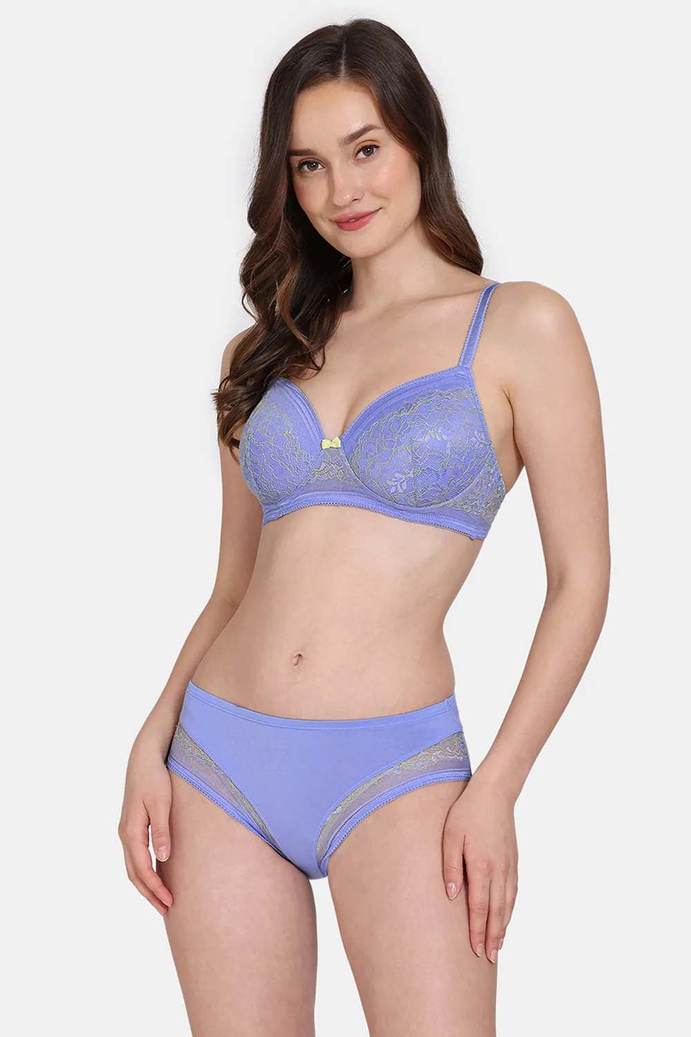 Buy Zivame Primrose Padded Non Wired 3/4th Coverage Lace Bra With Hipster Panty - Jacaranda