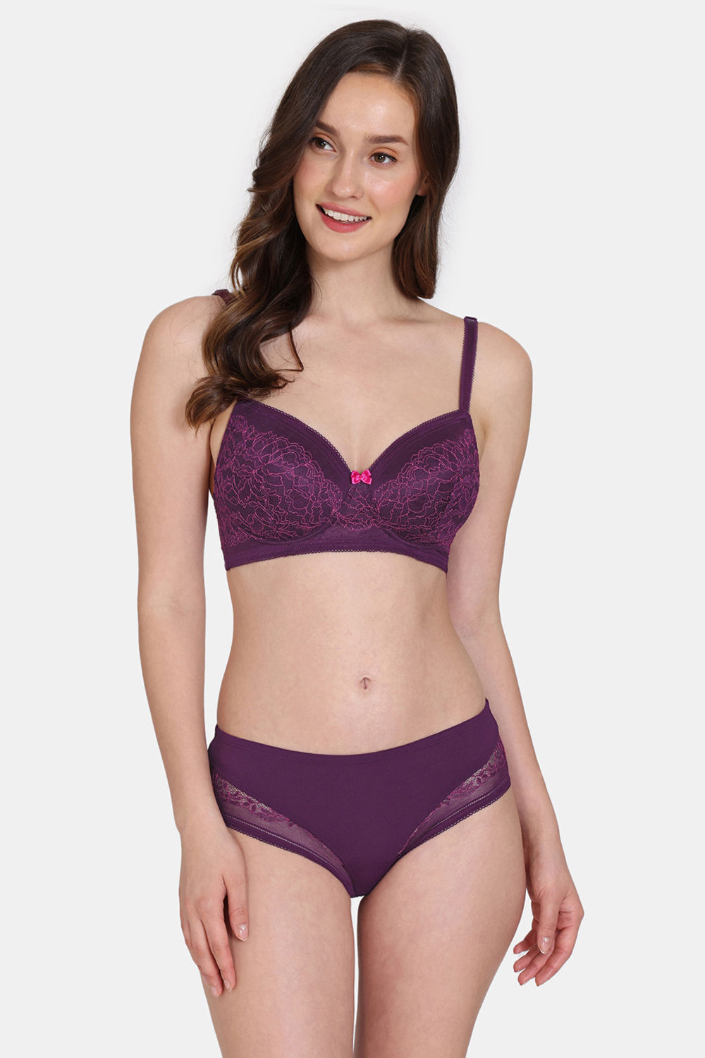 Buy Zivame Primrose Padded Non Wired 3/4th Coverage Lace Bra With Hipster Panty - Dark Purple