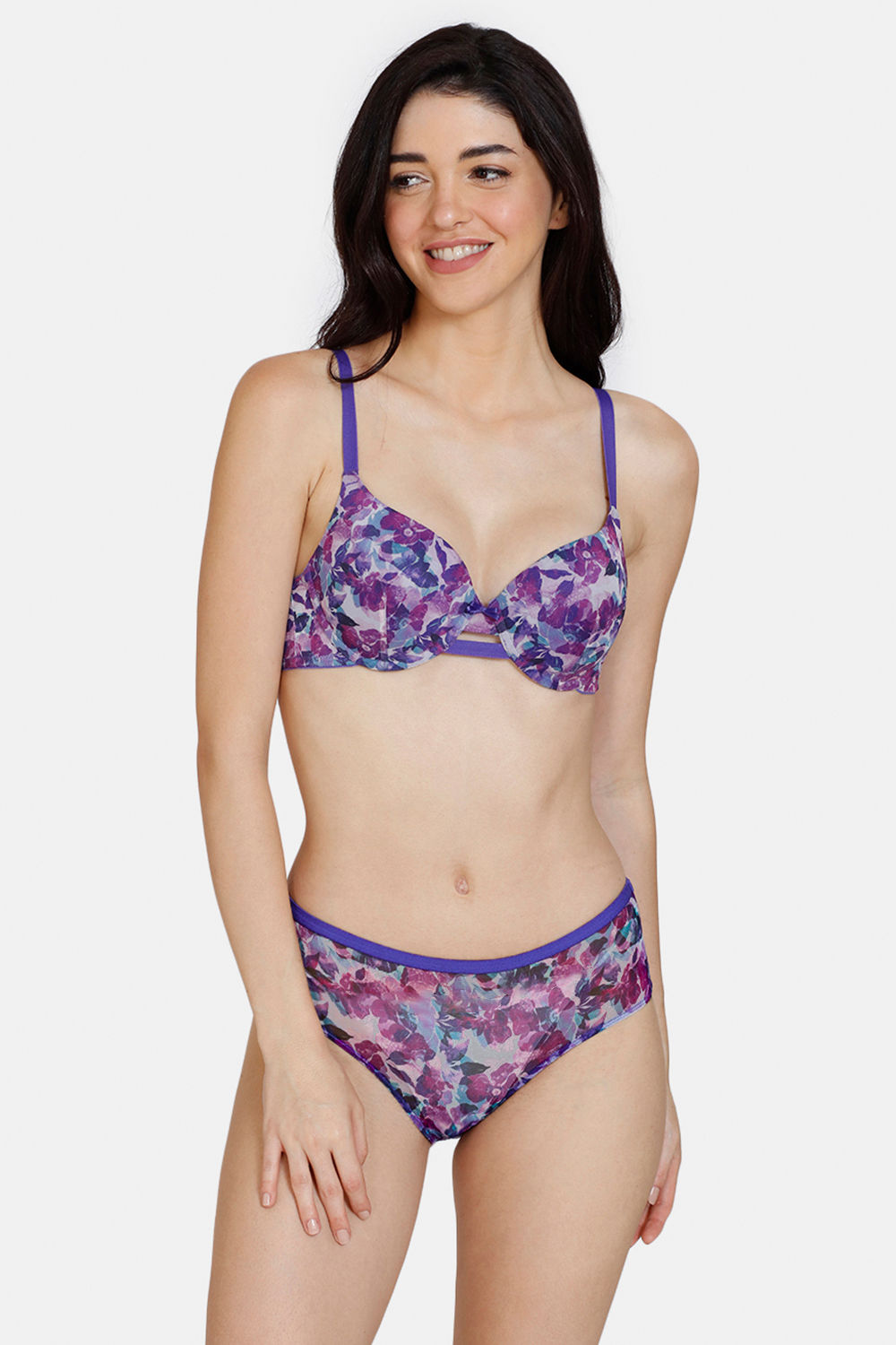 Buy Zivame Bohemian Blooms Push-Up Wired Medium Coverage T-Shirt Bra With Hipster Panty - Purple Magic