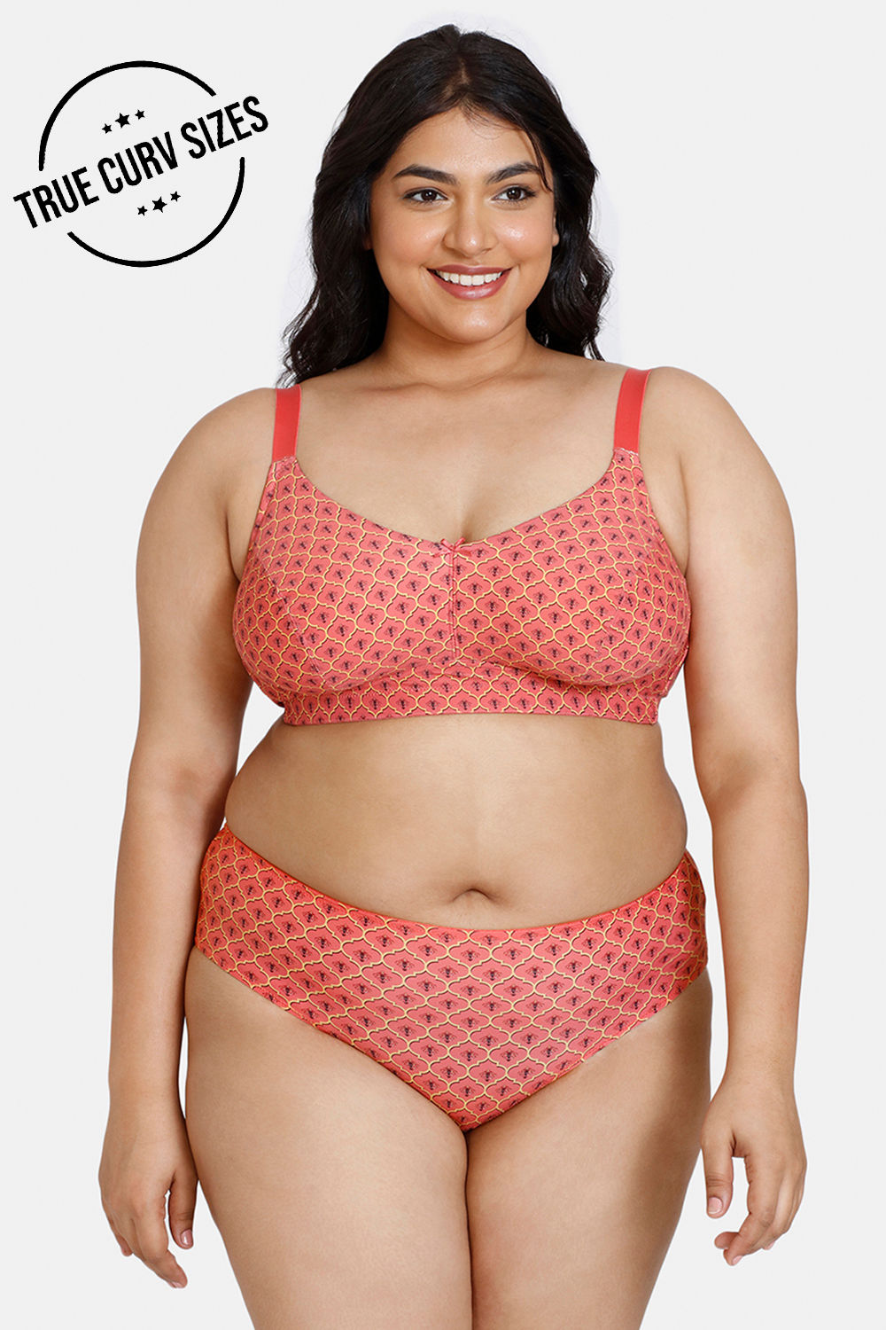 Zivame Vivacious Double Layered Non-Wired 3/4th Coverage T-Shirt Bra With  Hipster Panty - Orange Print