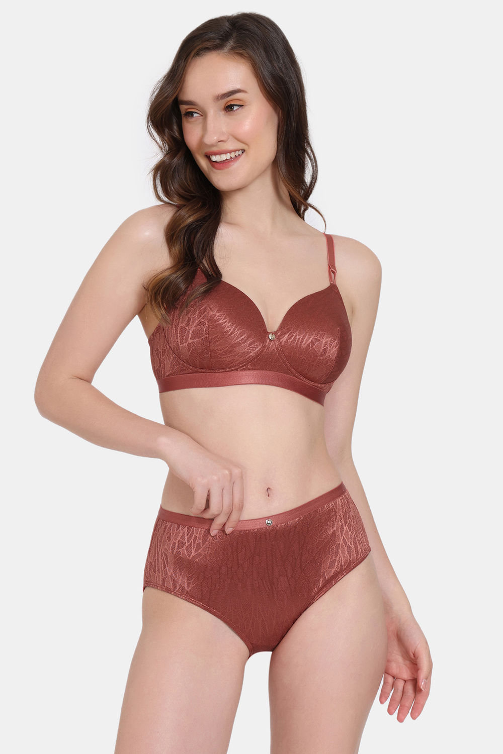 Buy Zivame Coral Glaze Padded Non-Wired 3/4th Coverage Lace Bra With Hipster Panty - Cinnabar