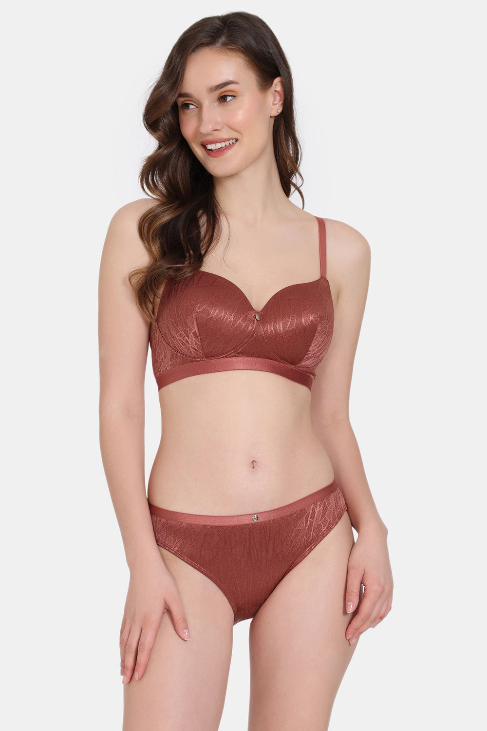 Zivame Coral Glaze Padded Non-Wired 3/4th Coverage Lace Bra With Bikini  Panty - Cinnabar