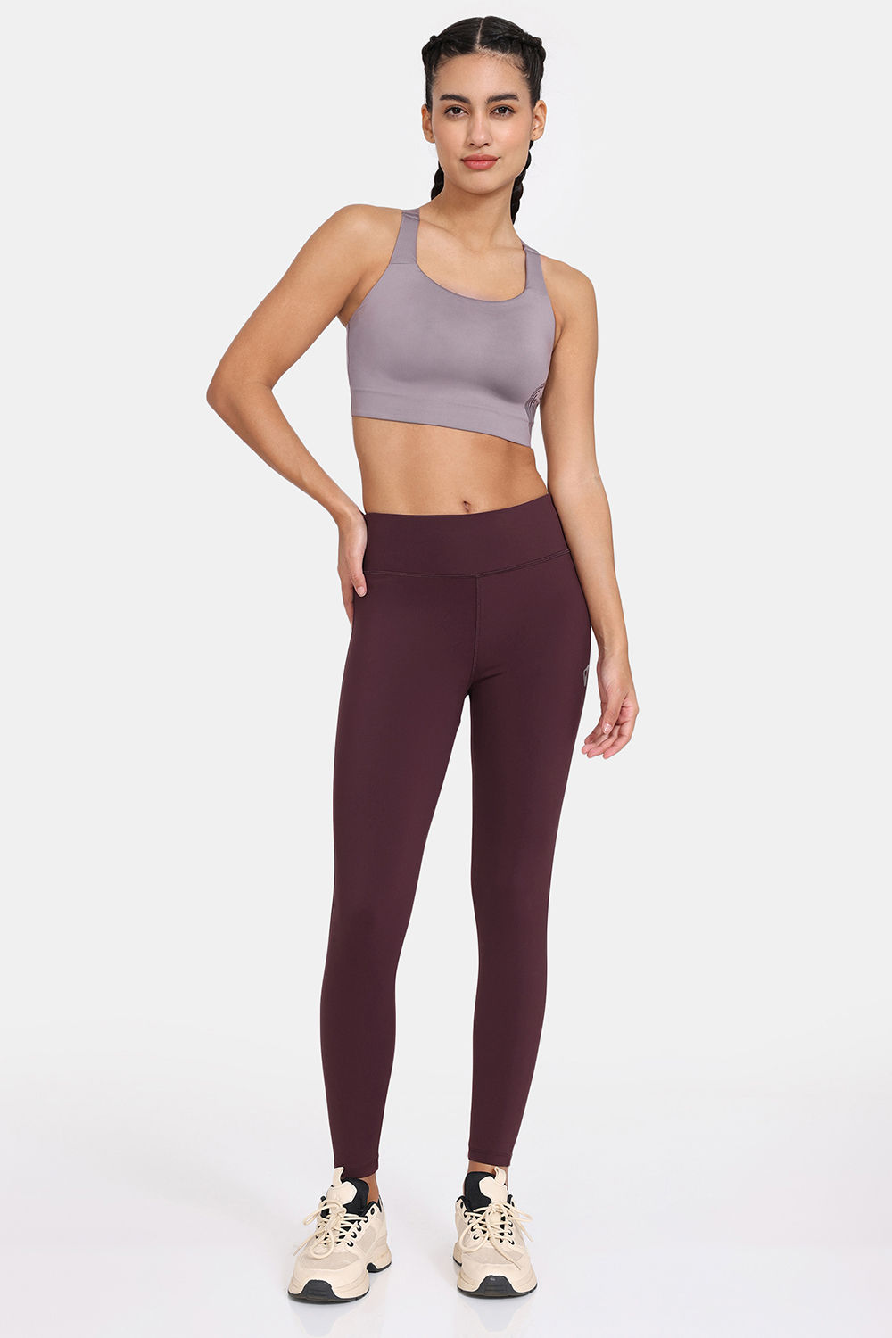 zelocity high impact quick dry sports bra with high rise leggings purple burgundy