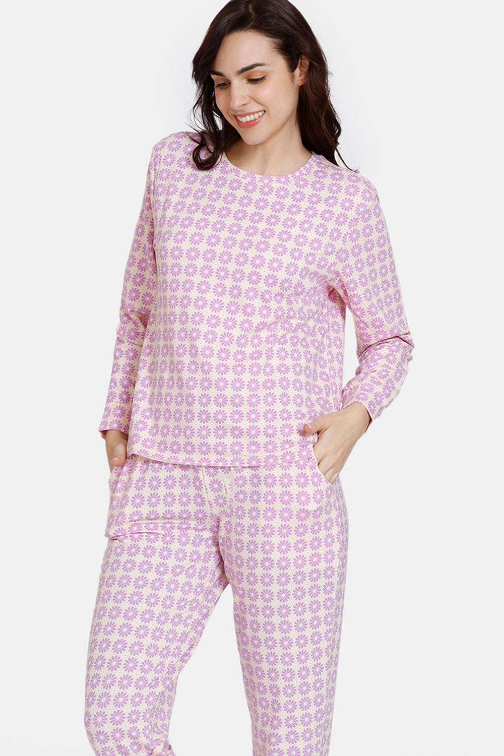 Buy Zivame Stacked Floral Knit Poly Loungewear Top With Bottom - Orchid Bouquet