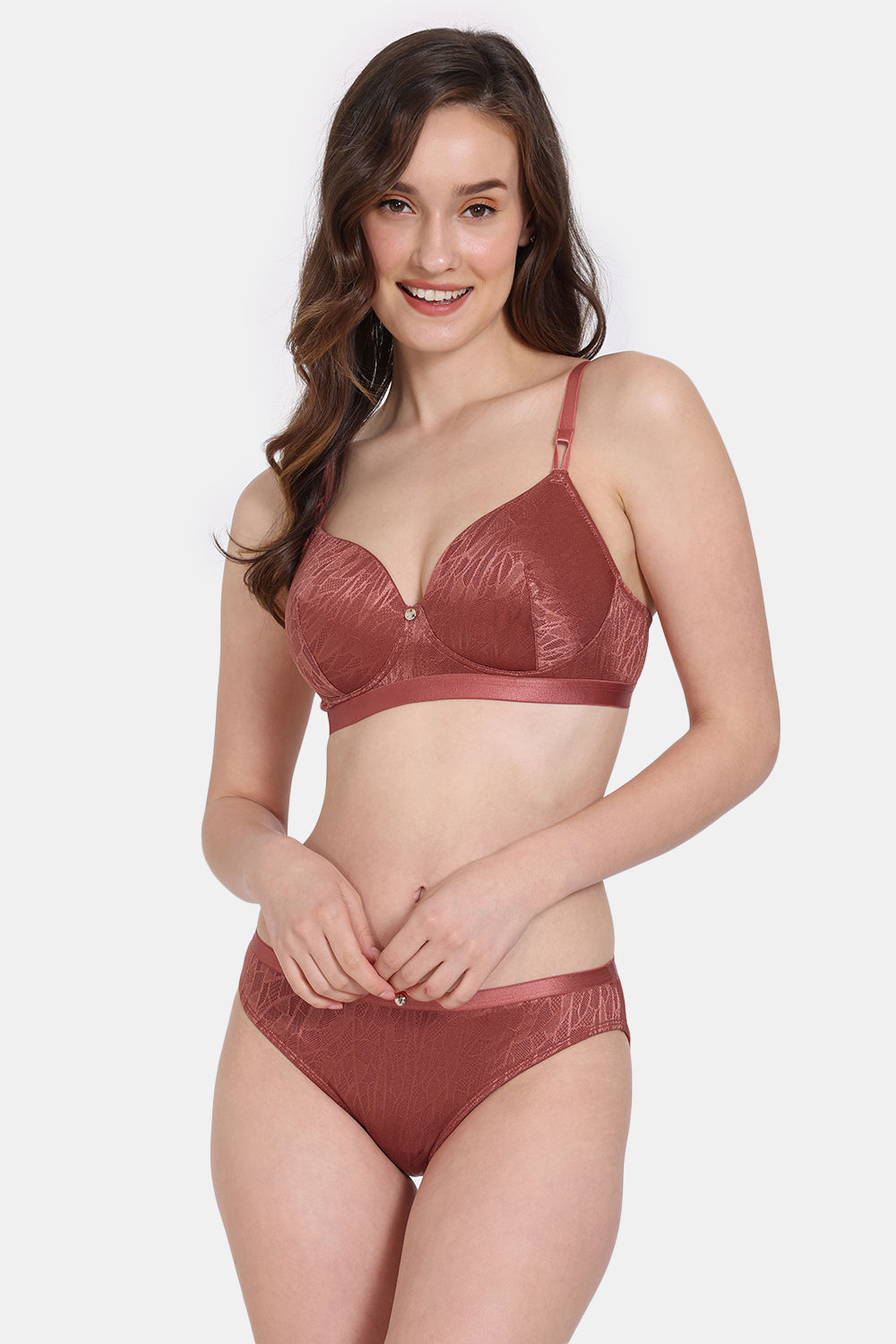 Buy Zivame Coral Glaze Padded Non-Wired 3/4th Coverage Lace Bra With Bikini Panty - Cinnabar