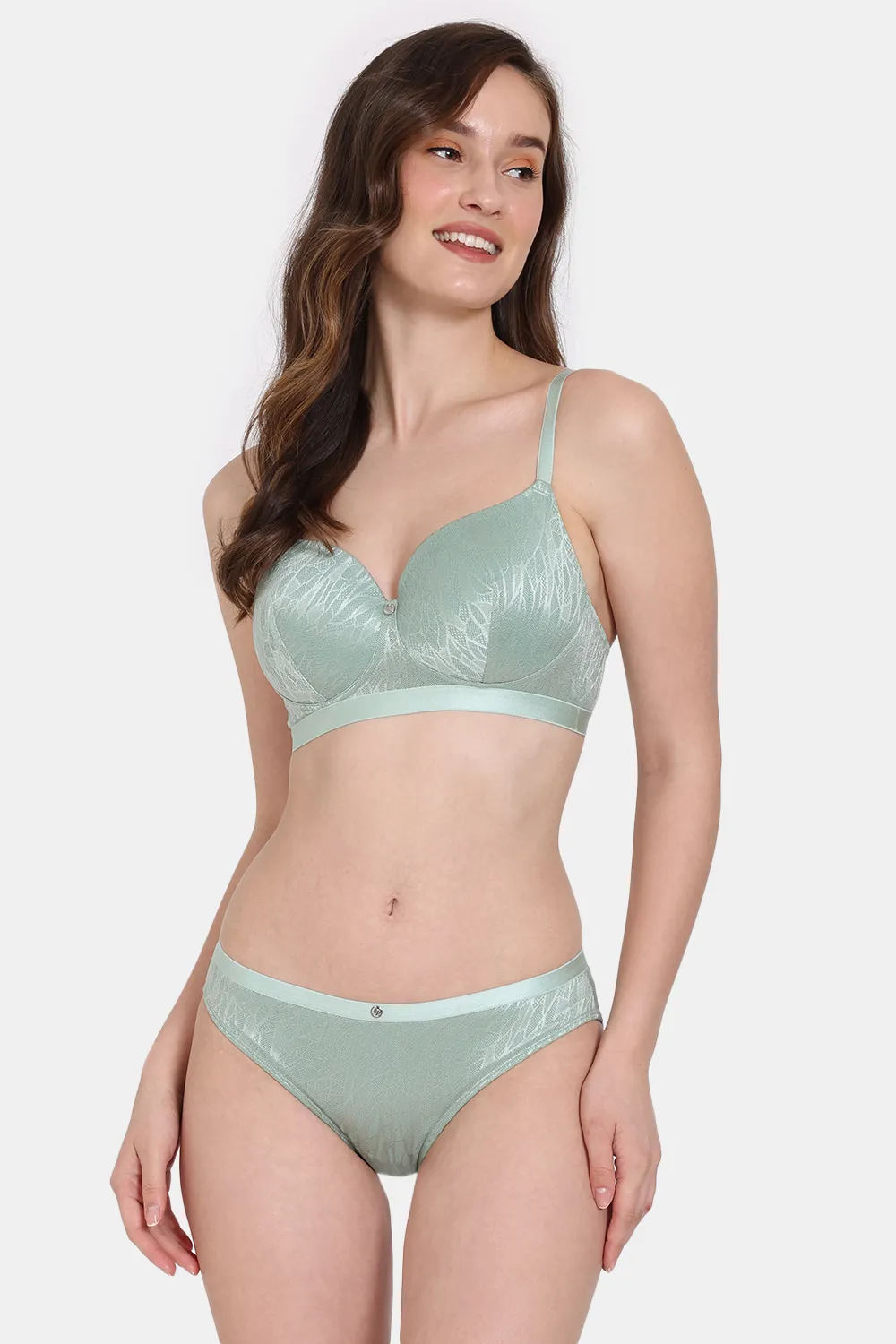 Buy Zivame Coral Glaze Padded Non-Wired 3/4th Coverage Lace Bra With Bikini Panty - Granite Green