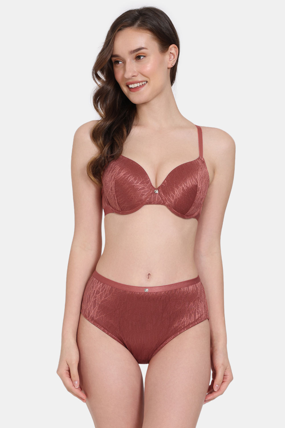 Buy Zivame Coral Glaze Padded Wired 3/4th Coverage Lace Bra With Hipster Panty - Cinnabar