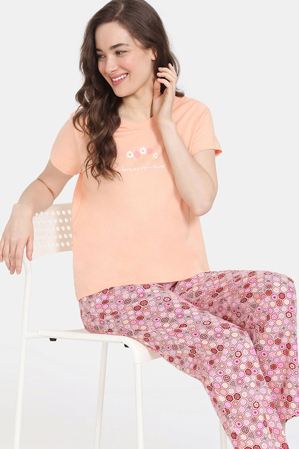 Buy Zivame Bloom Hive Knit Cotton Sleep Top With Pyjama - Prairie Sunset
