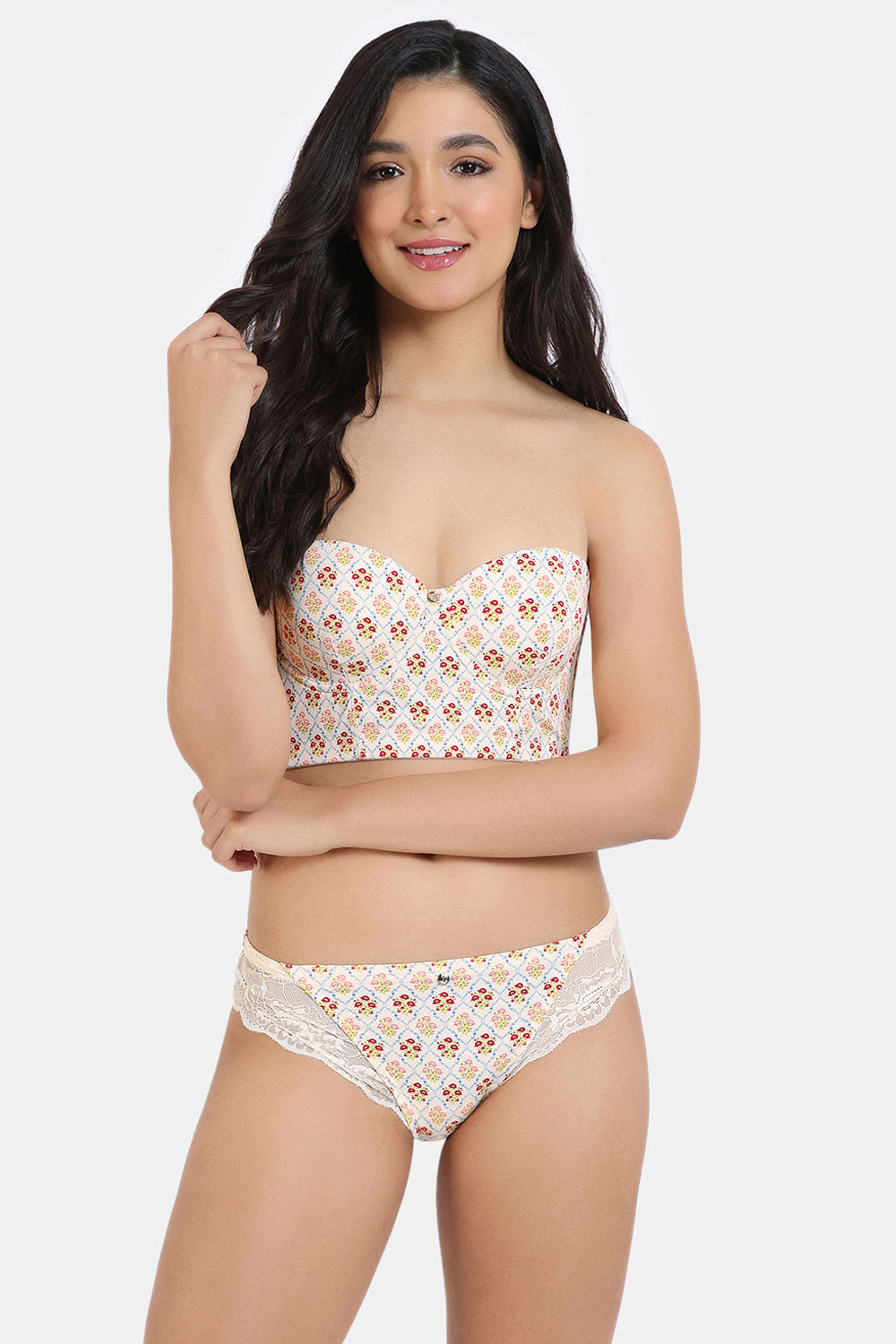Buy Zivame X Monisha Jaising Padded Wired Medium Coverage Strapless Bra with Bikini Panty - Ecru Bouquet Print