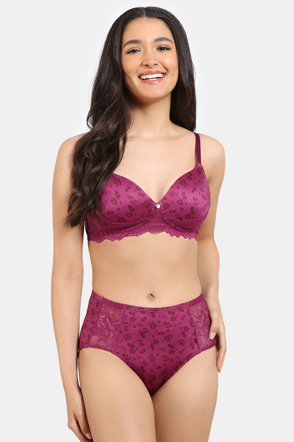 Buy Zivame Rose Blush Vows Padded Wired 3/4Th Coverage Lace Bra with Full Coverage Hipster Panty - Rhododendron