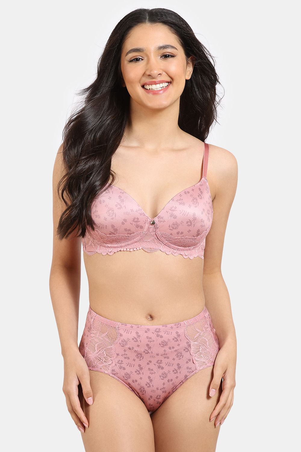 Buy Zivame Rose Blush Vows Padded Wired 3/4Th Coverage Lace Bra with Full Coverage Hipster Panty- Rose Tan