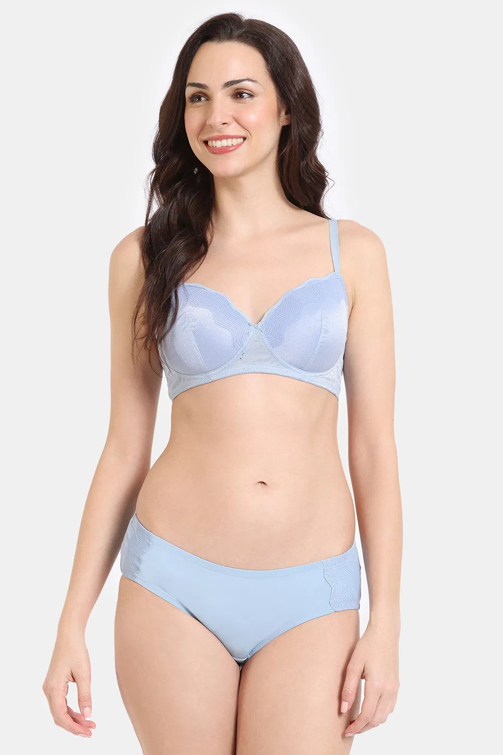 Buy Zivame Shimmer Wave Padded Non Wired 3/4Th Coverage Lace Bra with Full Coverage Hipster Panty - Blue