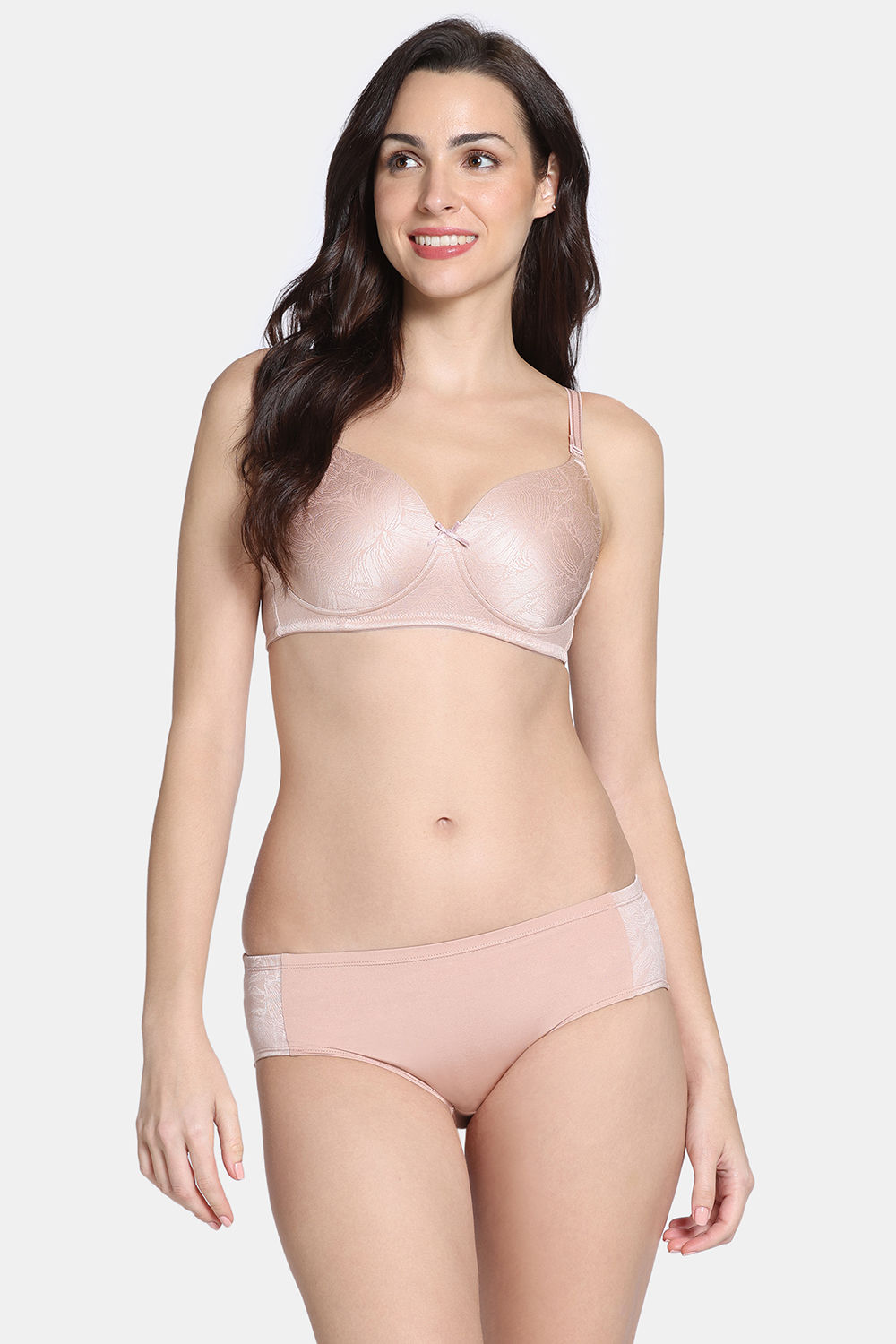 Buy Zivame Shimmering Secrets Padded Non Wired 3/4Th Coverage T-Shirt Bra with Full Coverage Hipster Panty - Mahagony Rose