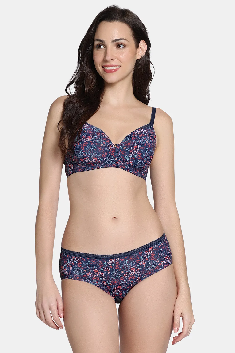 Buy Zivame Padded Non Wired 3/4Th Coverage T-Shirt Bra with Full Coverage Hipster Panty - Pageant Blue