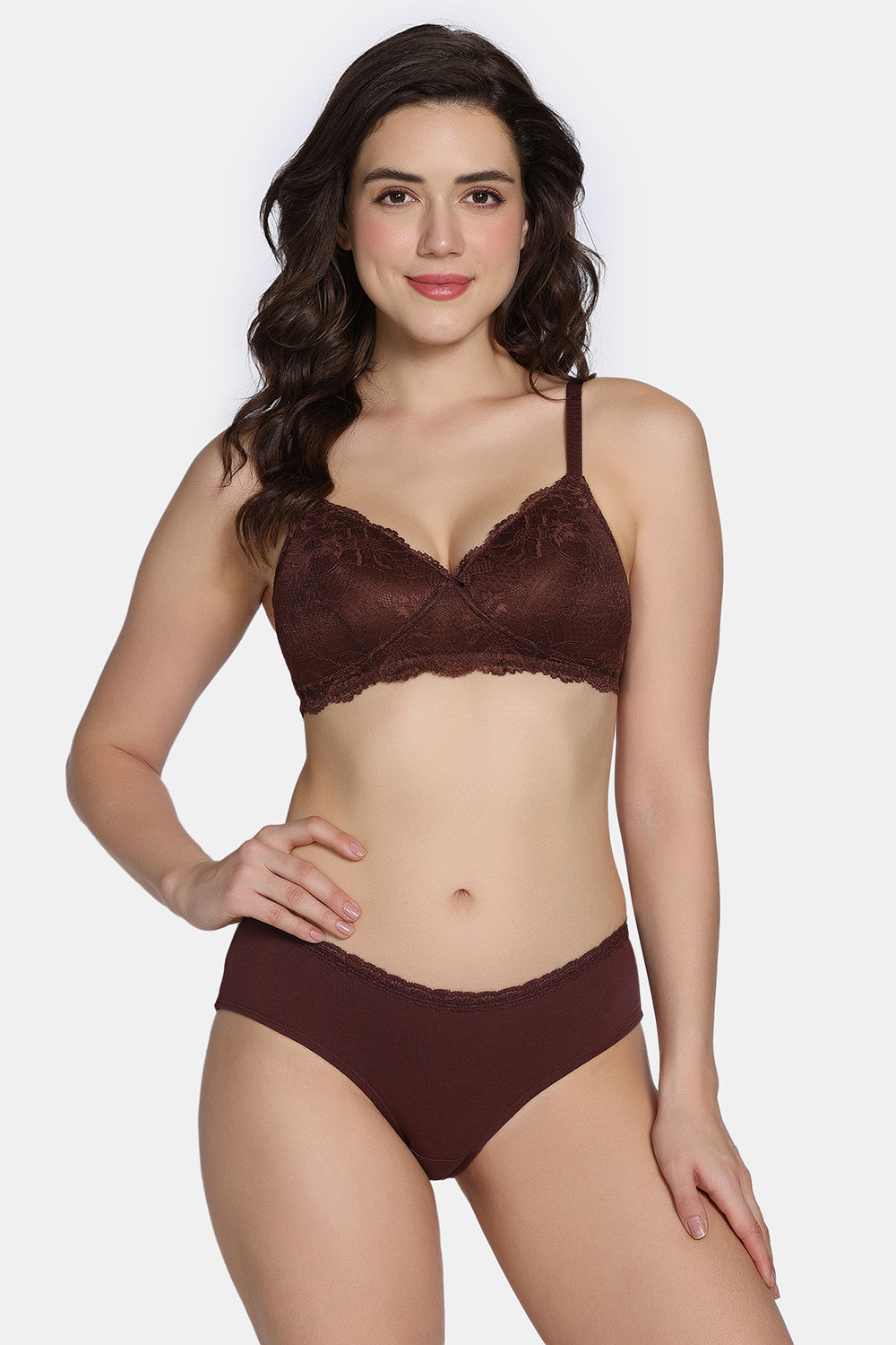 Buy Zivame Dreamcatcher Padded Non Wired Medium Coverage Lace Bra with Full Coverage Hipster Panty - Rum Raisin