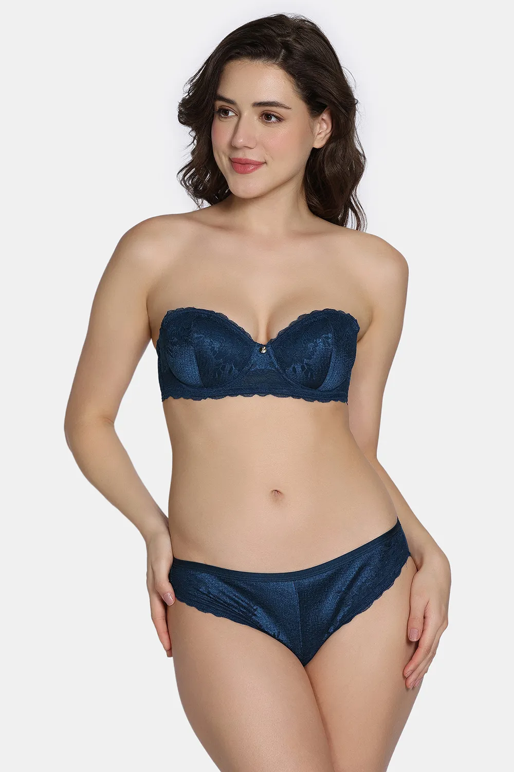 Buy Zivame Celeste & Rose Padded Wired 3/4Th Coverage Strapless Bra with Full Coverage Hipster Panty - Gibraltor Sea