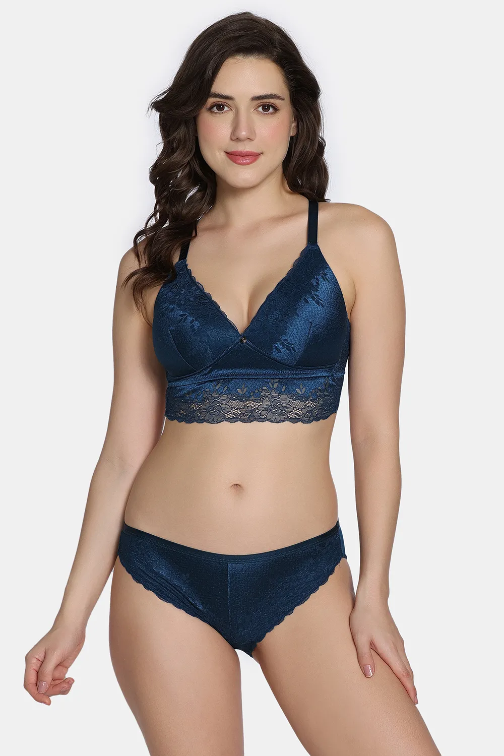 Buy Zivame Celeste & Rose Padded Non-Wired 3/4Th Coverage Lace Bra with Full Coverage Hipster Panty - Gibraltor Sea