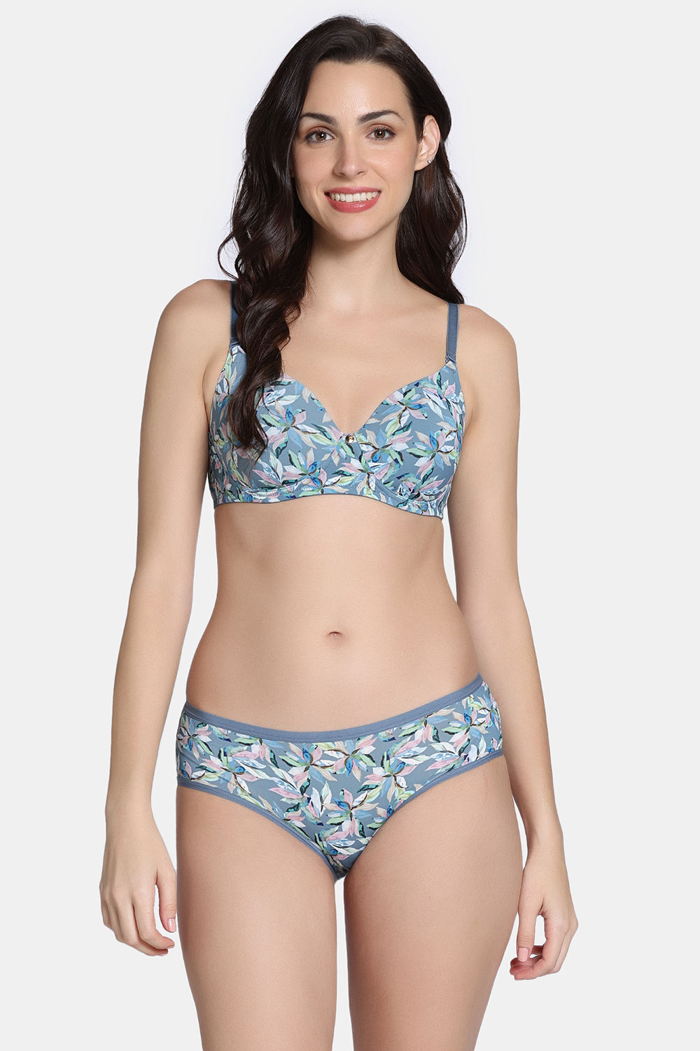 Buy Zivame Padded Non Wired 3/4Th Coverage T-Shirt Bra with Full Coverage Hipster Panty - Blue Mirage