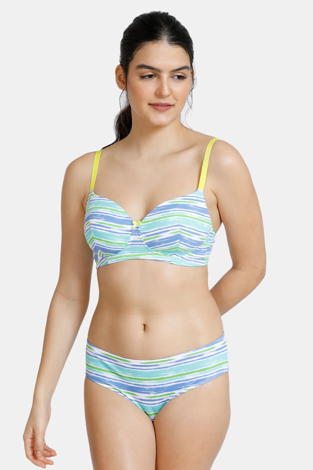zivame whimsical padded wirefree t shirt bra with medium rise hipster panty stripes pt