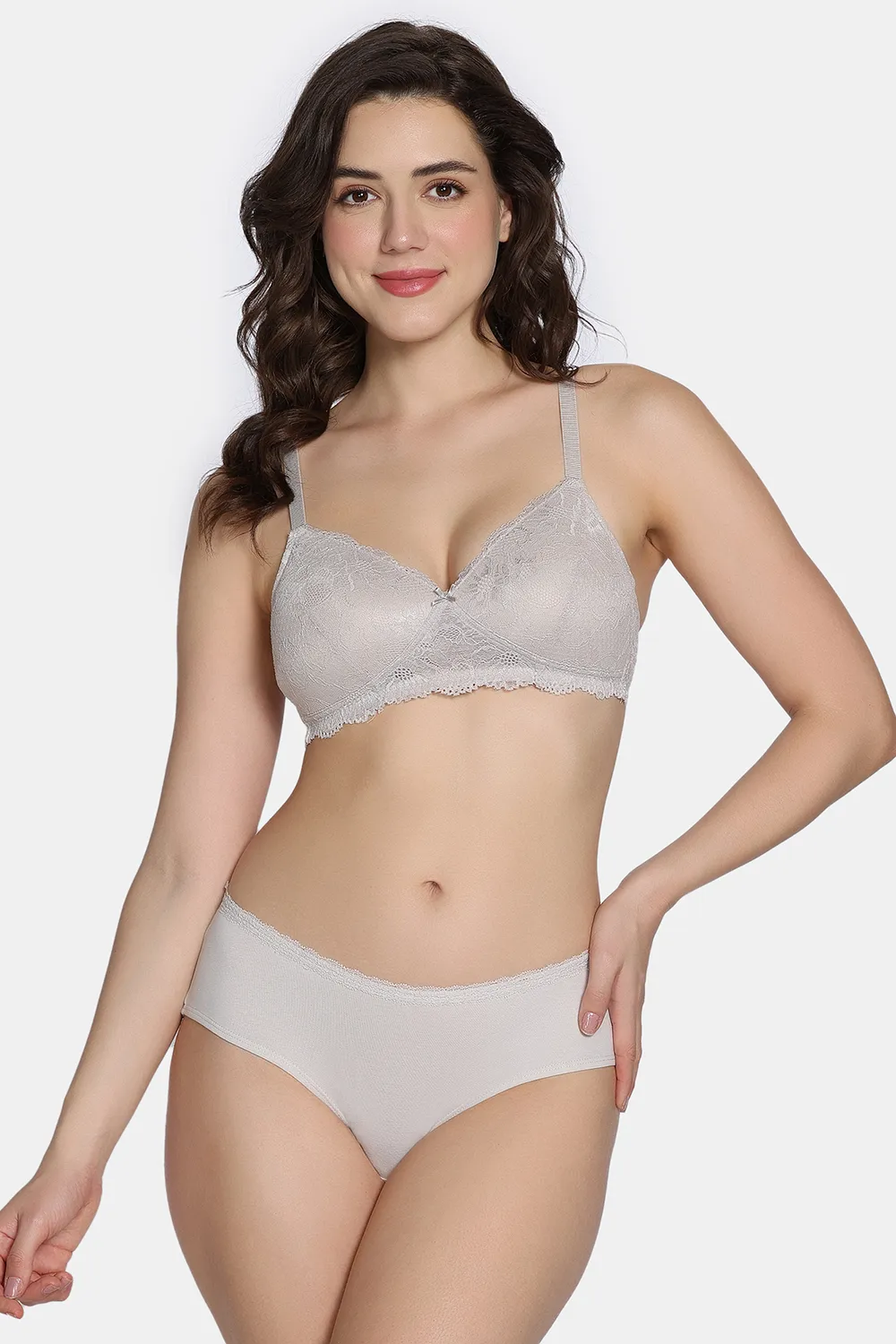 Buy Zivame Dreamcatcher Padded Non Wired Medium Coverage Lace Bra with Full Coverage Hipster Panty - Wild Chime