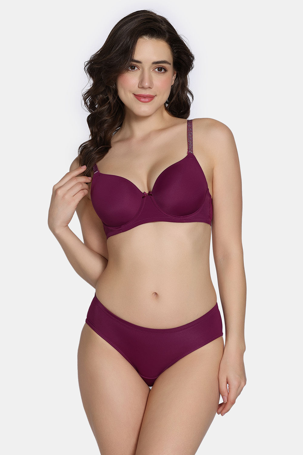 Buy Zivame Twilight Thistle Padded Wired 3/4Th Coverage T-Shirt Bra with Full Coverage Hipster Panty - Dark Purple