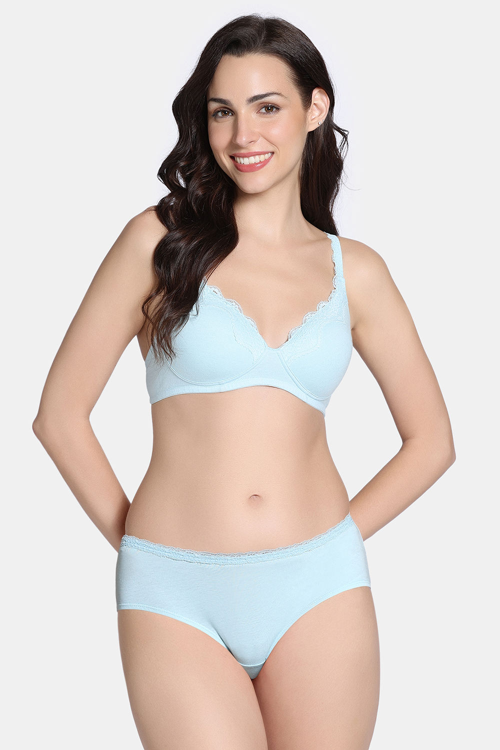Buy Zivame Padded Non Wired Medium Coverage T-Shirt Bra with Full Coverage Hipster Panty - Starlight Blue