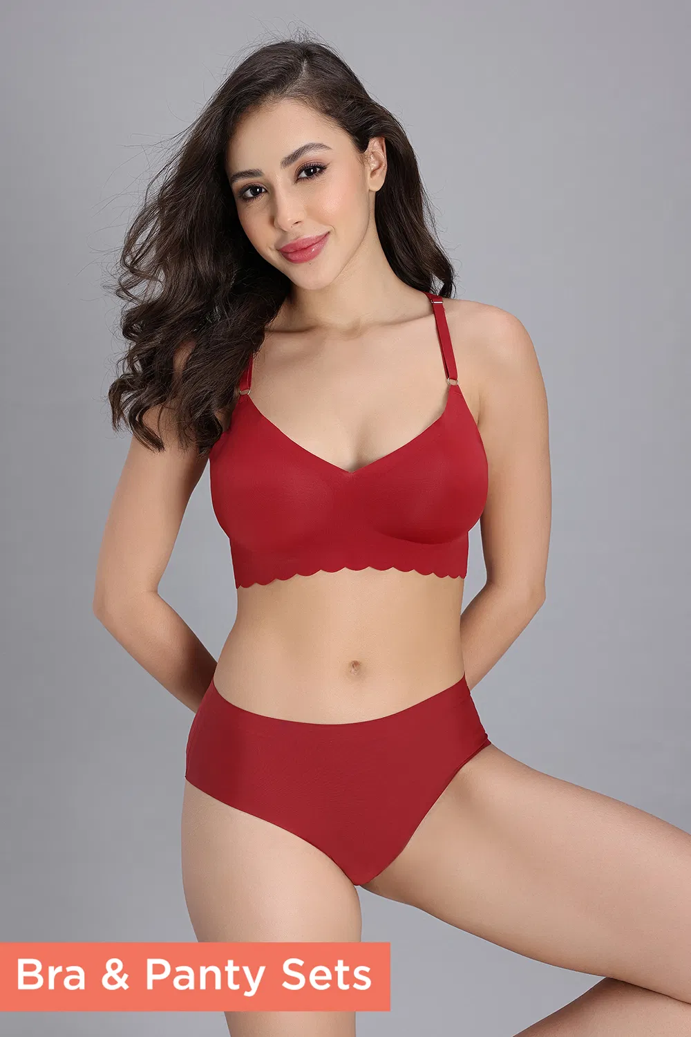 Buy Zivame Seamless Collective Padded Non Wired 3/4Th Coverage Bralette with Low Rise Hipster Panty - Red