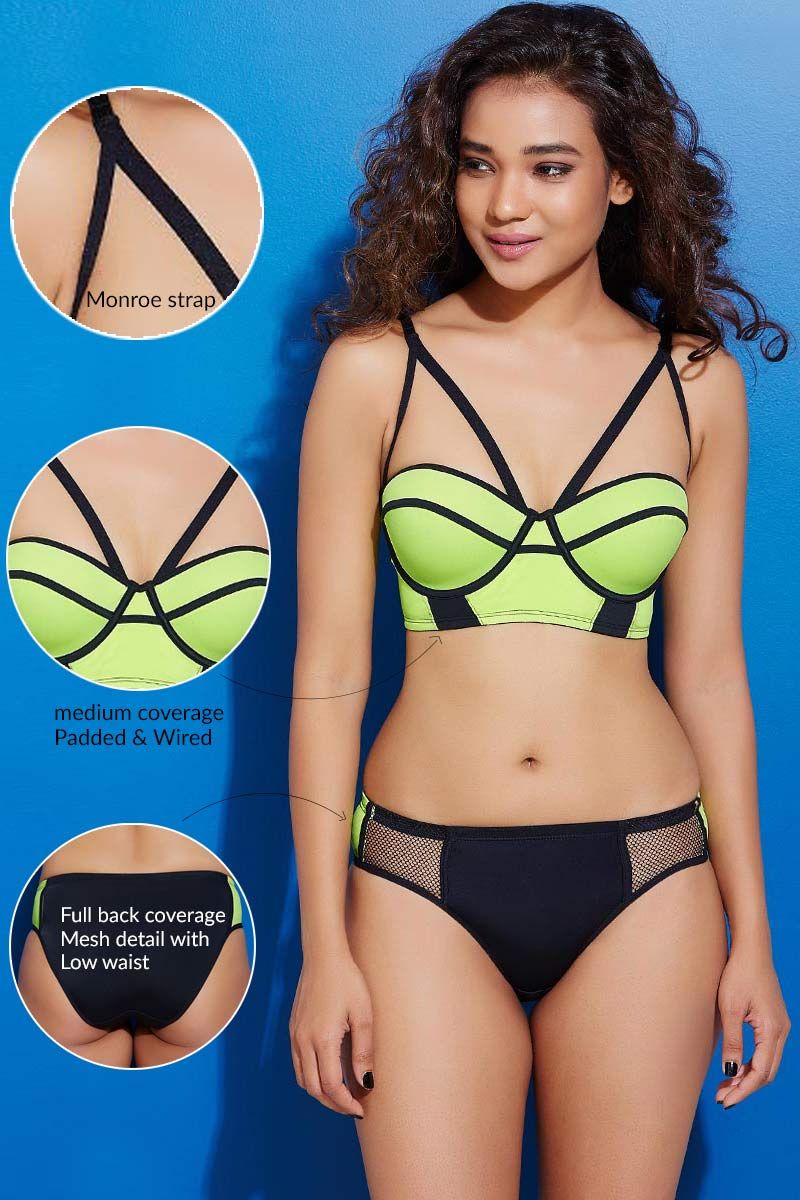 Buy Zivame Color Block Monroe Strap Bra with Bikini Brief- Black n Neon  Green at Rs.1490 online