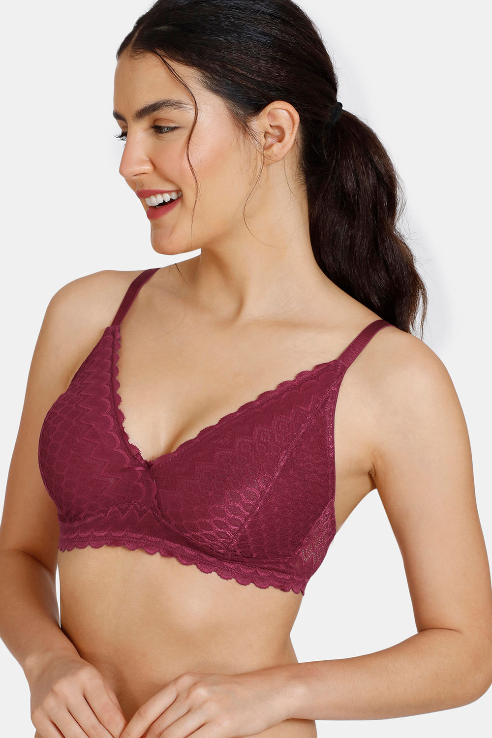 Zivame New Romance Double Layered Non Wired 3/4Th Coverage Lace Bra With  Bikini Panty - Beet Red