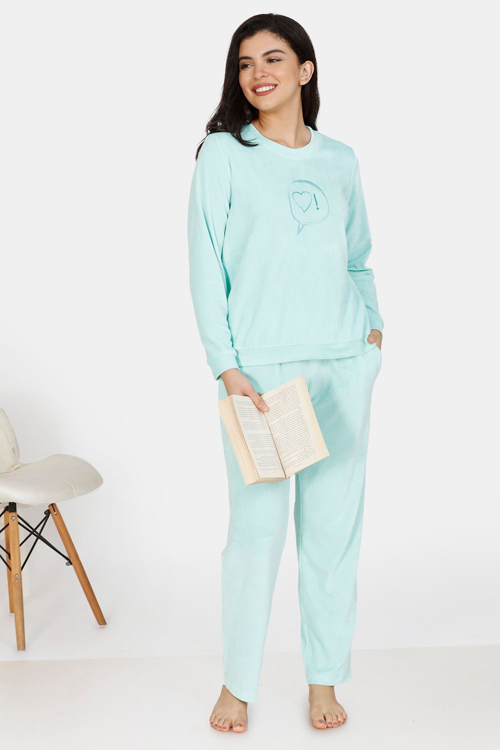 Buy Zivame Velour Full Sleeves Pyjama Set - Beach Glass