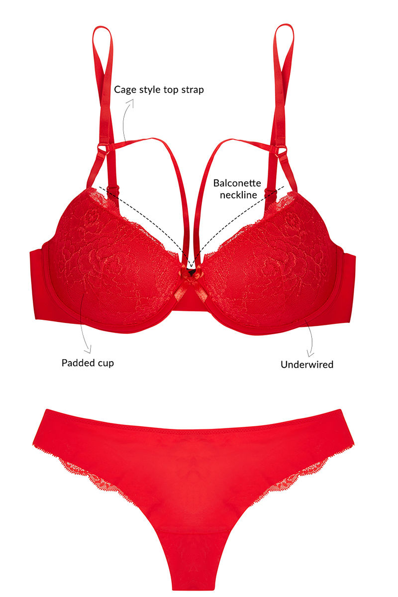 Zivame Laser Wings Demi Bra with Thong Panty- Red