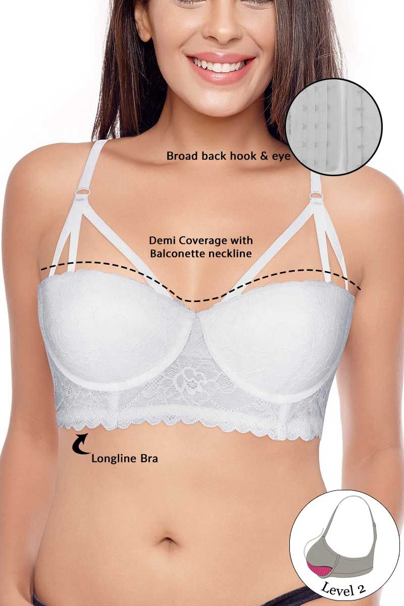 Zivame Monroe Strap Longline Push Up Bra With Lace Hipster Panty-White