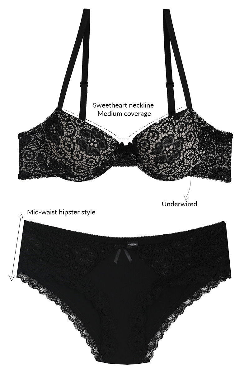 Buy Zivame Summer Lace Youthful Lift Black Bra With Low Rise Hipster Panty  at Rs.1350 online