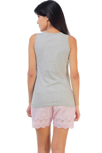 Buy Zivame Dreamwear Fine Cotton Sleeveless Top And Shorts Set With Hakoba  Lace-Grey n Pink at Rs.1125 online