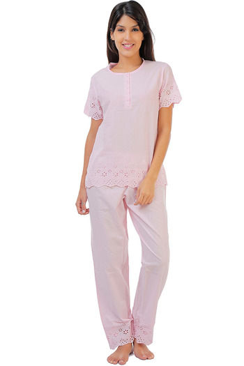Zivame Dreamwear Fine Cotton Short Sleeve Top And Pyjama Set With Hakoba  Lace-Pink