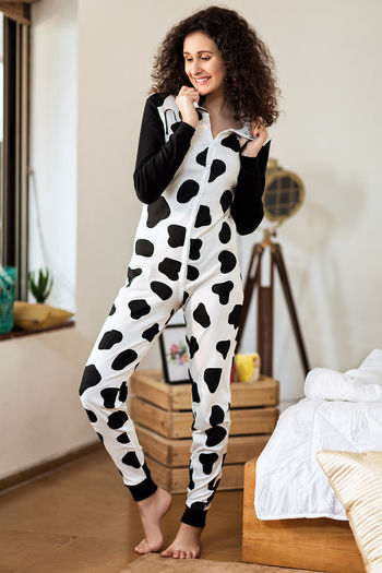 Zivame Cotton CoZzzies Happy Cow Jumpsuit- Black and white